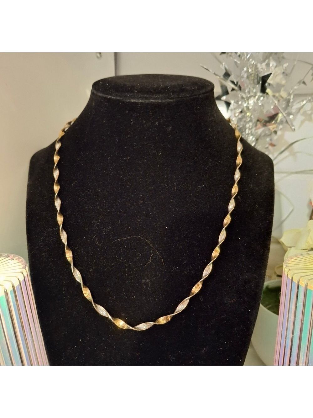 Solid Sterling Silver & Gold  Twisted Herringbone Necklace 16"